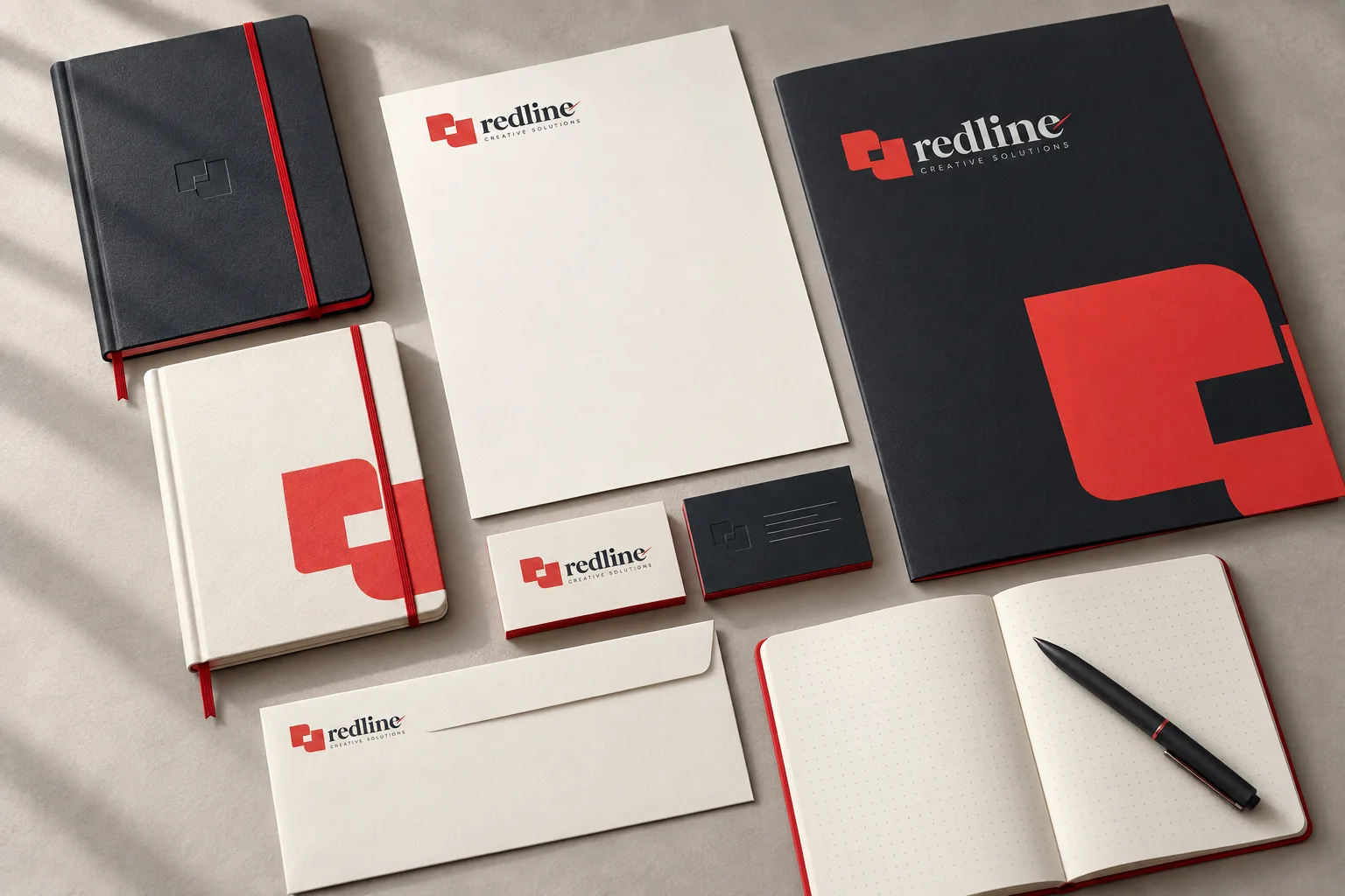 Redline marka kimliği için hazırlanmış basılı malzeme görselleştirmesi
